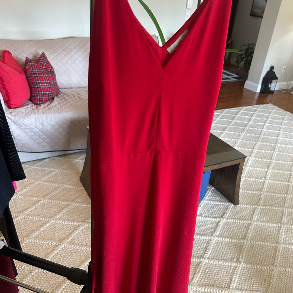 H&M Cherry Red Sleeveless Tie Waist Flare Midi Dress